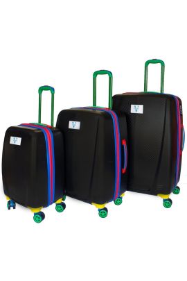 Vayomy Colors ABS Flat Kabin Orta Büyük Boy Siyah 3'lü Valiz Seti 2 Yıl Garantili